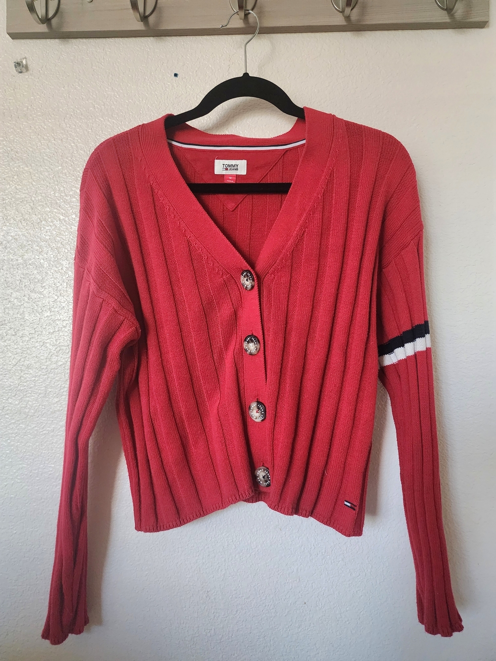 Tommy Jeans Ribbed Knit Cropped Cardigan Sweater Red Button Front Women's M
